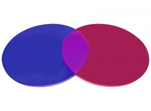 Two circles overlapping to illustrated shared or common properti